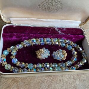 Vintage Aurora Borealis Glass and Filigree Bead Necklace and Earrings Set